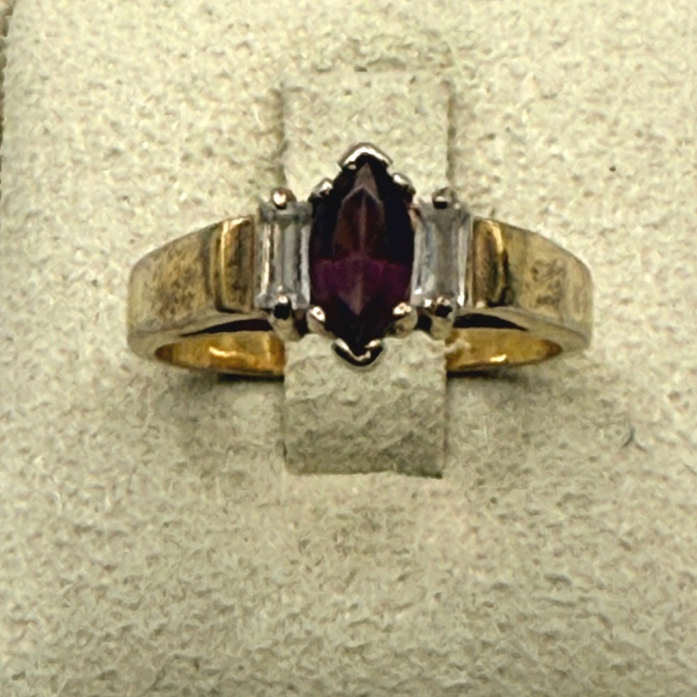 Vintage Gold Tone Marquise Purple Stone Baguette Accent Ring Size 6